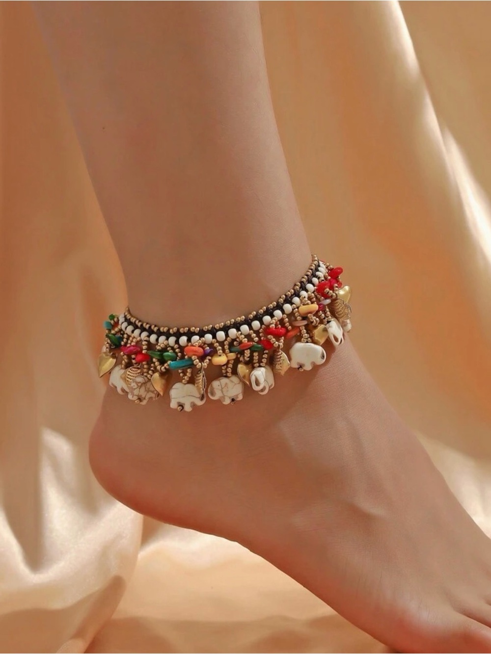 Multicolor Beaded Elephant Charm Anklet